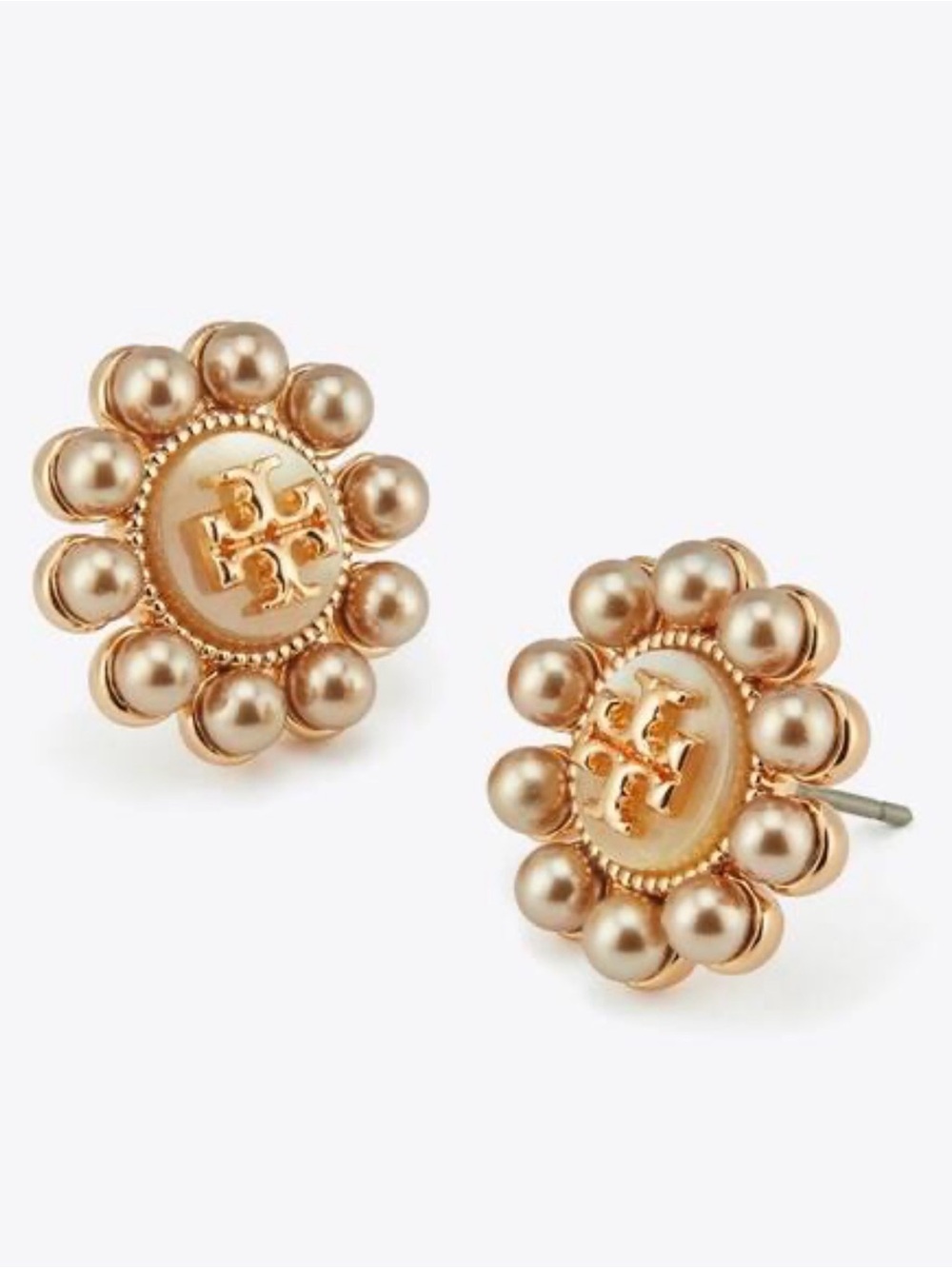 Tory Burch Rose Gold and Pink Pearl Floral Logo Studs